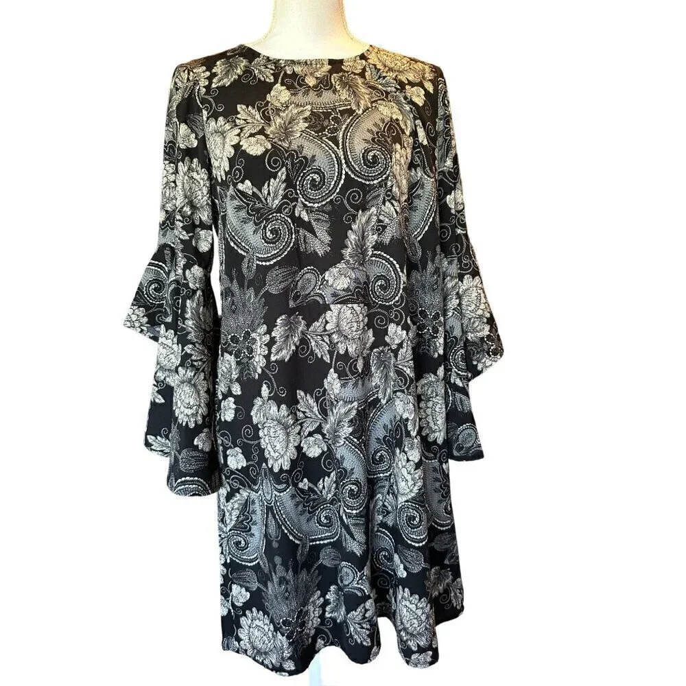Uncle Frank Women's Dress Sz S Floral Bell Ruffle Sleeve Black Tan Keyhole Back